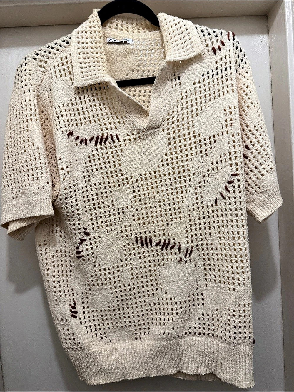 ZARA Textured Knit Polo Sweater in Cream & Brown Size Medium Like